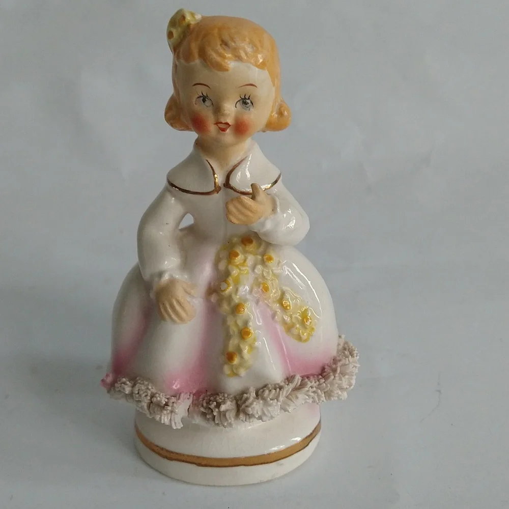 Vintage Spaghetti Girl Figurine Yellow Flowers Pink Dress Ceramic Japan